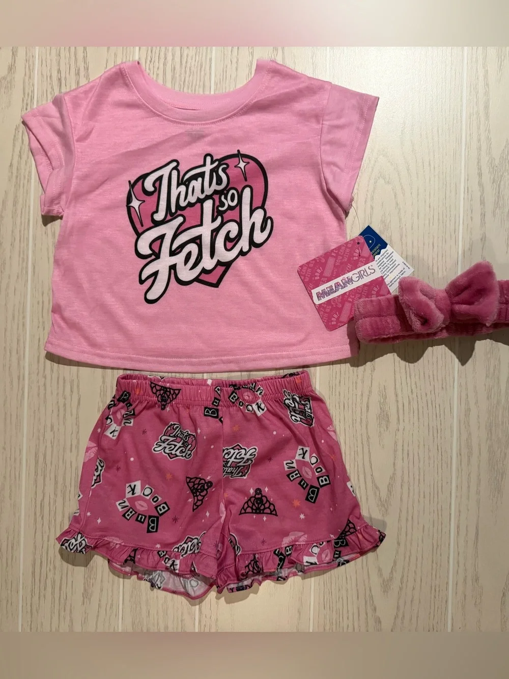 Mean Girls Pajama Set Girls XS 4/5 Pink That’s So Fetch Shorts Headband NWT